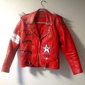 Red Leather Spiked Biker Jacket (Genuine Leather) Spiderman Theme